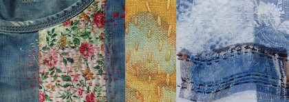 Fyra olika tygbitar med synliga broderisömmar, inklusive denim, blommigt och mönstrat tyg.