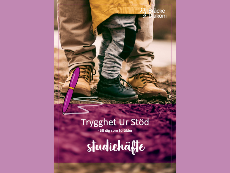 Två personer, en vuxen och ett barn, står tillsammans utomhus. Text om trygghet och studiehäfte syns.