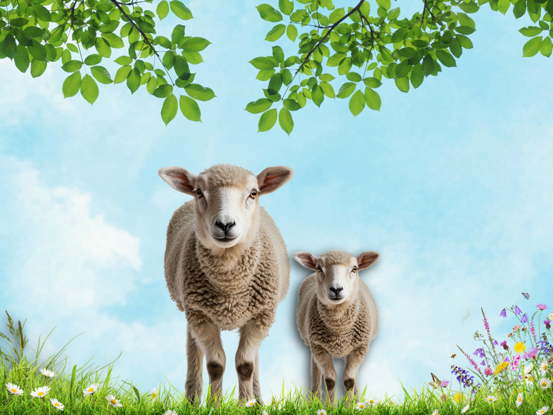 Två får står på en blomstrande äng under gröna trädgrenar mot en blå himmel.
