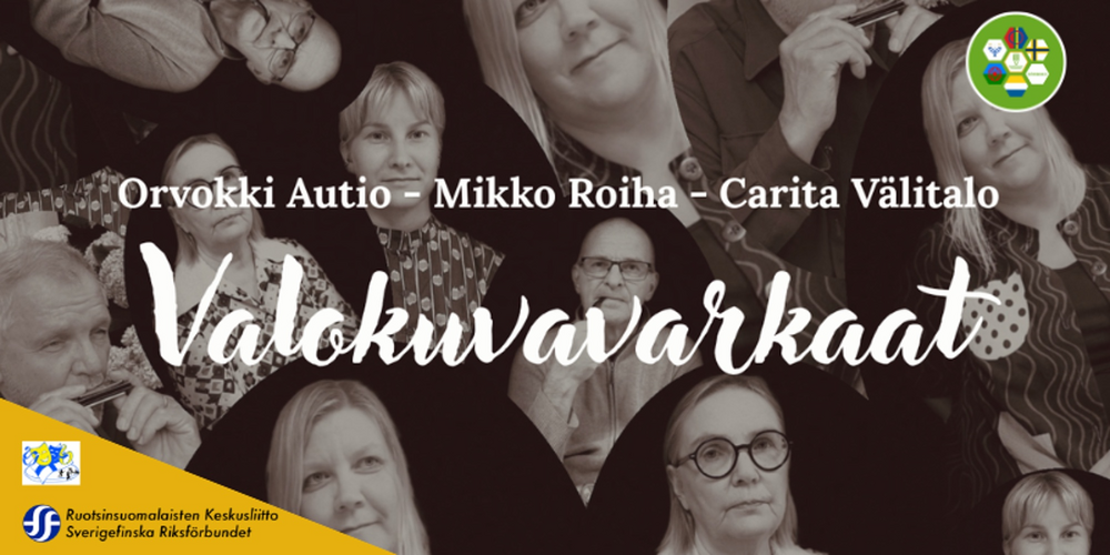 Affisch för teaterpjäsen 'Valokuvavarkaat' med text och logotyper på finska och svenska.