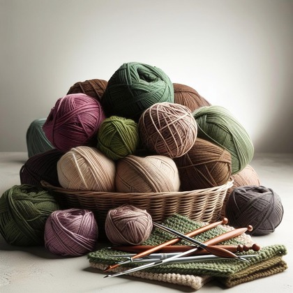 En korg fylld med garnnystan i gröna, bruna och beige toner samt stickor och stickade provlappar framför.