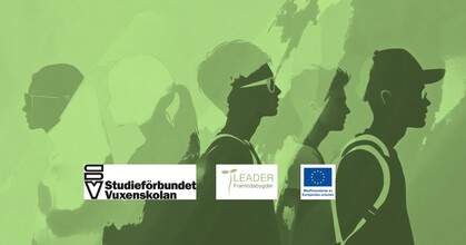 Illustration av silhuetter av unga personer mot grön bakgrund med logotyper för Studieförbundet Vuxenskolan, Leader och EU.