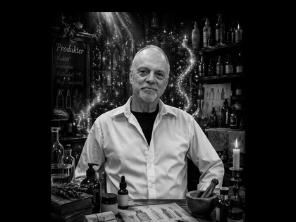 Person i vit skjorta sitter vid ett bord med flaskor och örter i ett apoteksliknande rum, ansiktet är suddat.