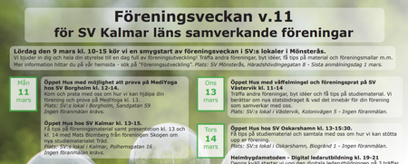 Informationsaffisch om Föreningsveckan v.11 för SV Kalmar läns samverkande föreningar med program och tider.