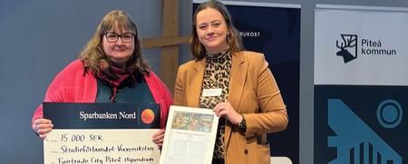 Två personer håller en stor check och ett diplom på en scen med Piteå kommuns logotyp i bakgrunden.