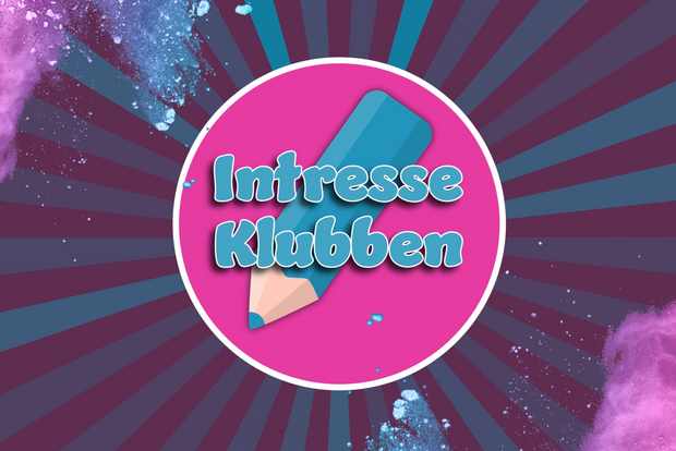 Logotyp med texten 'Intresse Klubben' på rosa cirkel, blå krita och färgstänk i bakgrunden.