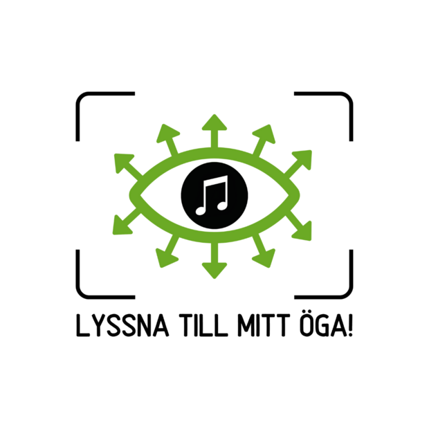 En grön tecknad öga med pilar utåt och en musiknot i mitten. Texten under lyder: Lyssna till mitt öga!