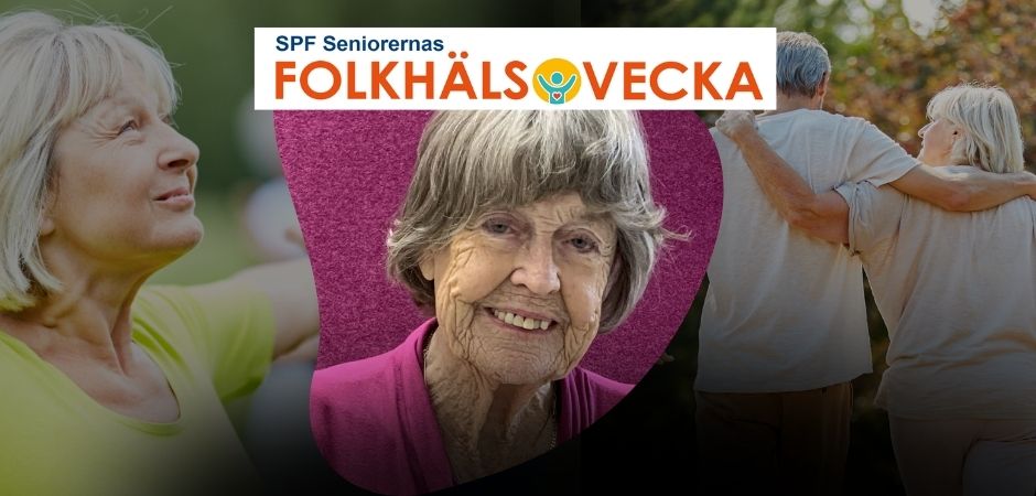 Banner för SPF Seniorernas Folkhälsovecka med bilder på äldre personer och text i orange och blått.
