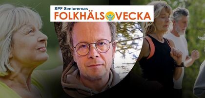 Personer tränar utomhus under SPF Seniorernas folkhälsovecka, logotyp syns överst.