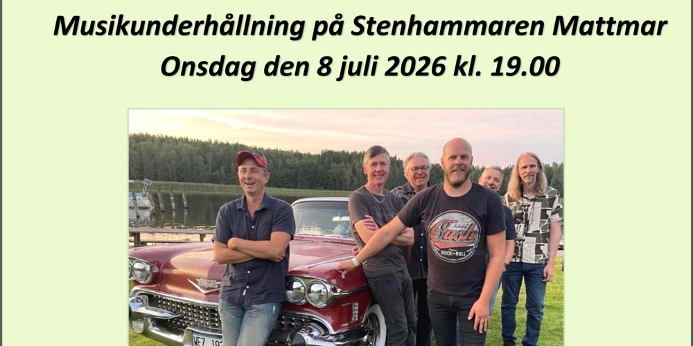 Affisch för musikunderhållning med Andreas Jonsson & The Pink Cadillac Band, bild på bandet vid en röd bil utomhus.