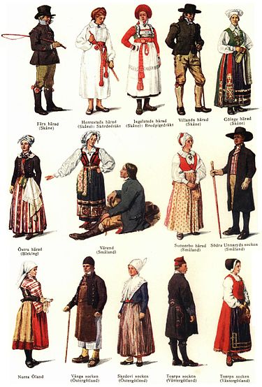 Illustration av svenska folkdräkter från olika regioner, både män och kvinnor i traditionella kläder.