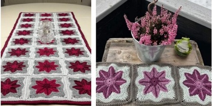 Virkad bordsduk med röda och lila stjärnmotiv på grå bakgrund, visas på bord och utomhus.