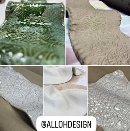 Keramiska fat med mönster och olika glasyrer, visade i collage.