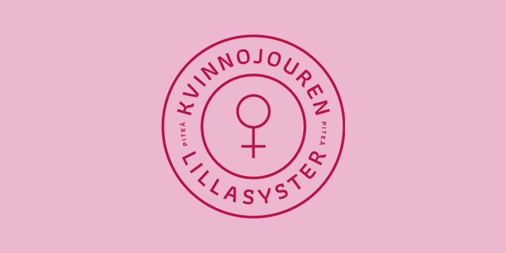 Logotyp för Kvinnojouren Lillasyster Piteå med kvinnosymbol på rosa bakgrund.