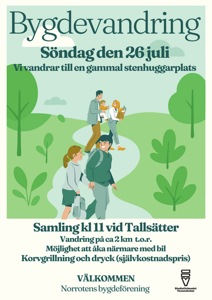 Affisch för byvandring 26 juli med illustration av familj som vandrar på grön stig, information om samling och grillning.
