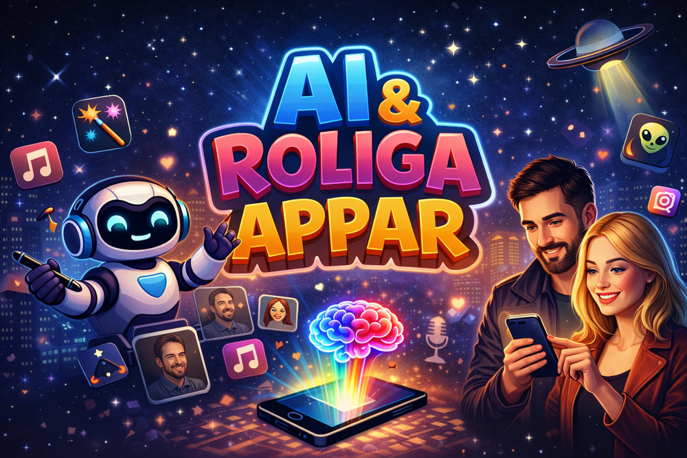 Färgglad illustration med texten 'AI &amp; Roliga Appar', en robot, appar, mobil och två personer som använder en smartphone.