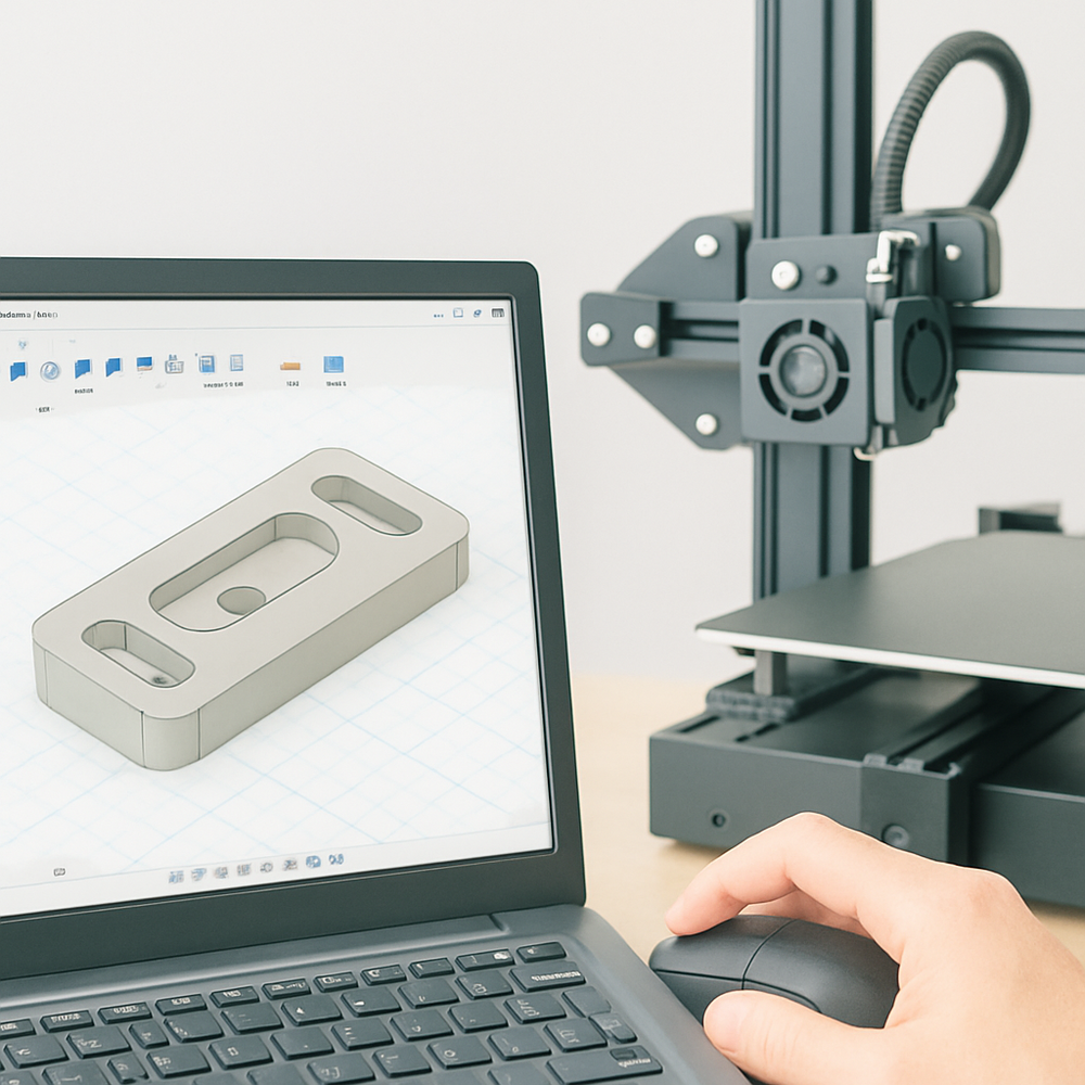 En person använder en bärbar dator för att designa en 3D-modell bredvid en 3D-skrivare.