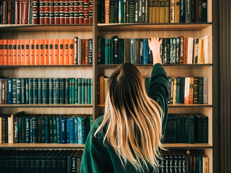 En person med långt blont hår sträcker sig efter en bok på en bokhylla fylld med böcker.