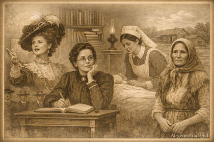 Fyra kvinnor i olika historiska kläder, en skriver, en är sjuksköterska, en äldre kvinna och en elegant dam.
