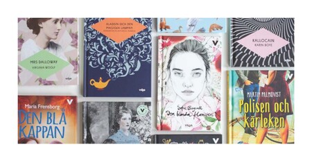 Flera bokomslag på svenska, med olika färger och illustrationer, ligger utlagda sida vid sida.