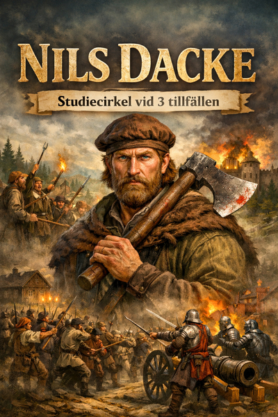Affisch med texten 'Nils Dacke Studicirkel vid 3 tillfällen', visar en man med yxa och historisk stridsscen i bakgrunden.