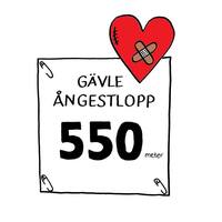 Illustration av en nummerlapp med texten 'Gävle Ångestlopp 550 meter' och ett rött hjärta med plåster ovanpå.