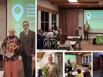 Kollage från ett möte med Studieförbundet Vuxenskolan, med talare, publik och blomsterutdelning.