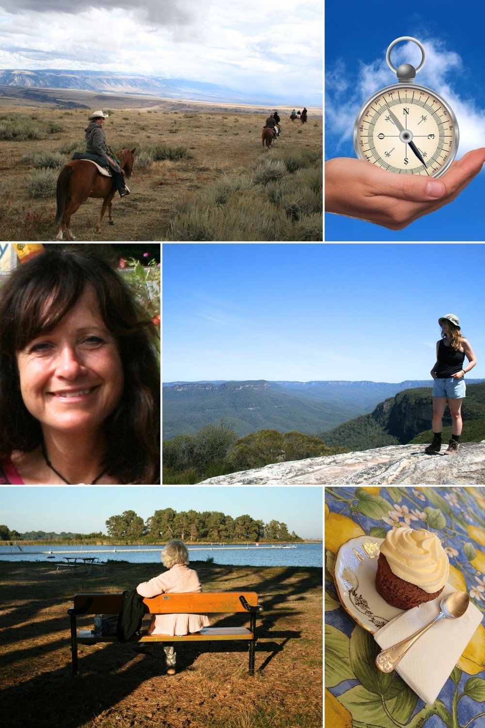 Kollage med ridning i öppen natur, kompass i hand, kvinna på klippa, äldre kvinna på bänk vid sjö och cupcake på fat.