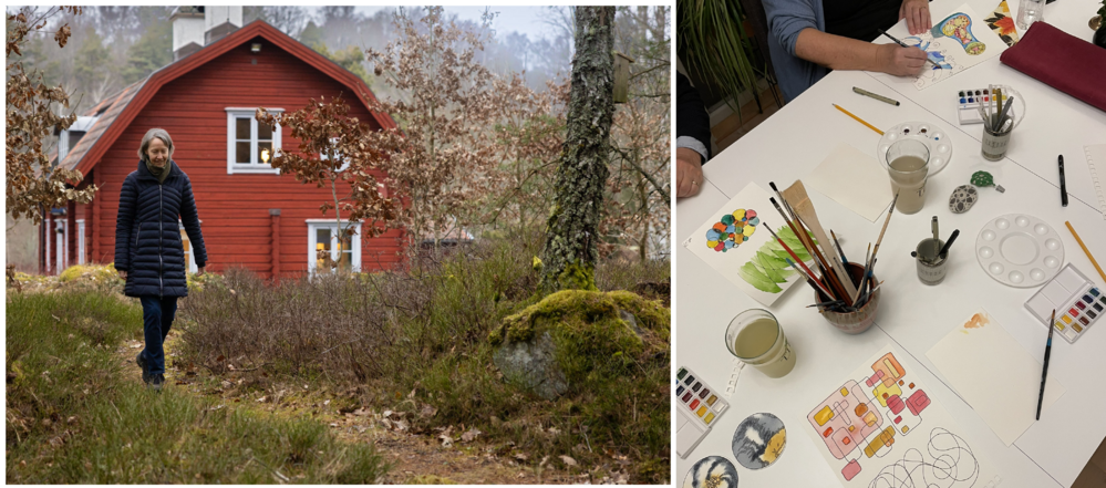 Till vänster en person som promenerar utanför ett rött hus i naturen, till höger personer som målar akvarell vid ett bord.