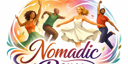 Fyra personer dansar energiskt i färgglad illustration med texten 'Nomadic Dance' och orden 'Movibility, Flexibility, Musicality'.