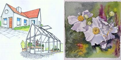 Två illustrationer: en av ett hus med växthus och en av vita blommor mot färgglad bakgrund.