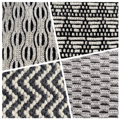 Fyra olika stickade mönster i svart, vitt och grått, arrangerade i ett rutnät.