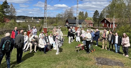 En grupp människor samlade utomhus på en gräsmatta vid röda stugor under en solig dag.