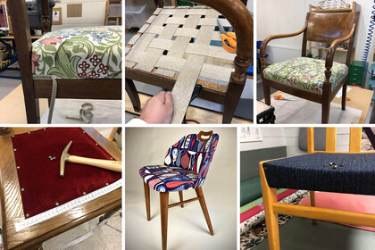 Sex bilder som visar olika steg i omklädning och renovering av stolar med olika tyger och verktyg.