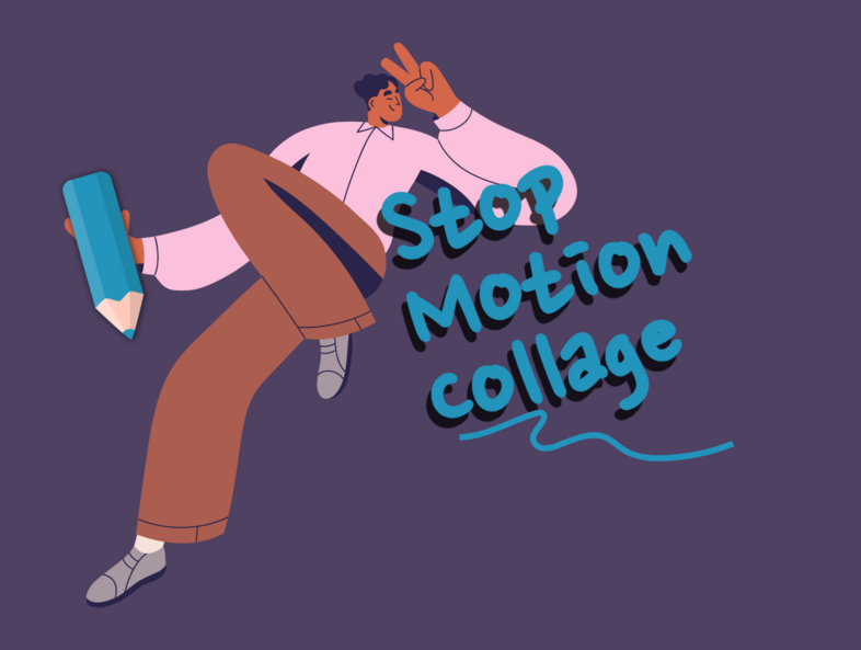 Illustration av en person som håller en stor penna och gör ett fredstecken, med texten 'Stop Motion collage'.