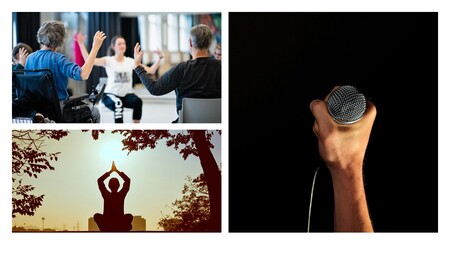 Tre bilder: en grupp människor i samtal, en person som mediterar utomhus, och en hand som håller en mikrofon.