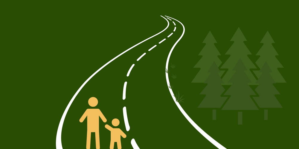 Illustration med texten 'ByTräff Lokal beredskap', en väg, två personer och granar på grön bakgrund.