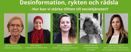 Affisch för webbinarium om desinformation, rykten och rädsla med fem kvinnliga talare och information om tid och arrangör.