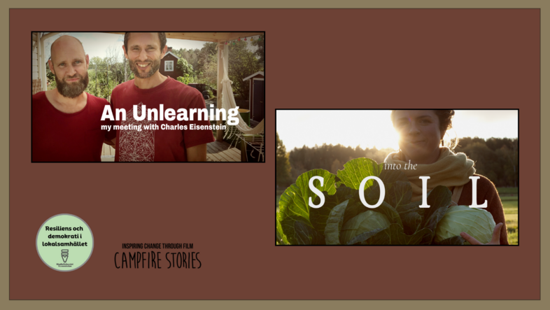 Två filmomslag: en med två män och texten 'An Unlearning', en med person och kålhuvud samt texten 'Into the Soil'.