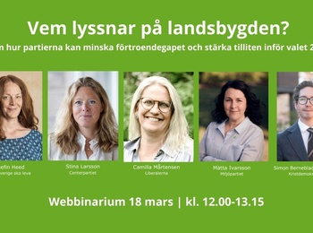 Affisch för webbinarium om landsbygdens förtroende inför valet 2026, med fem deltagare och grön bakgrund.