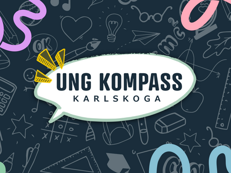 Logotyp med texten 'UNG KOMPASS KARLSKOGA' i en pratbubbla mot en bakgrund med skolrelaterade ikoner.
