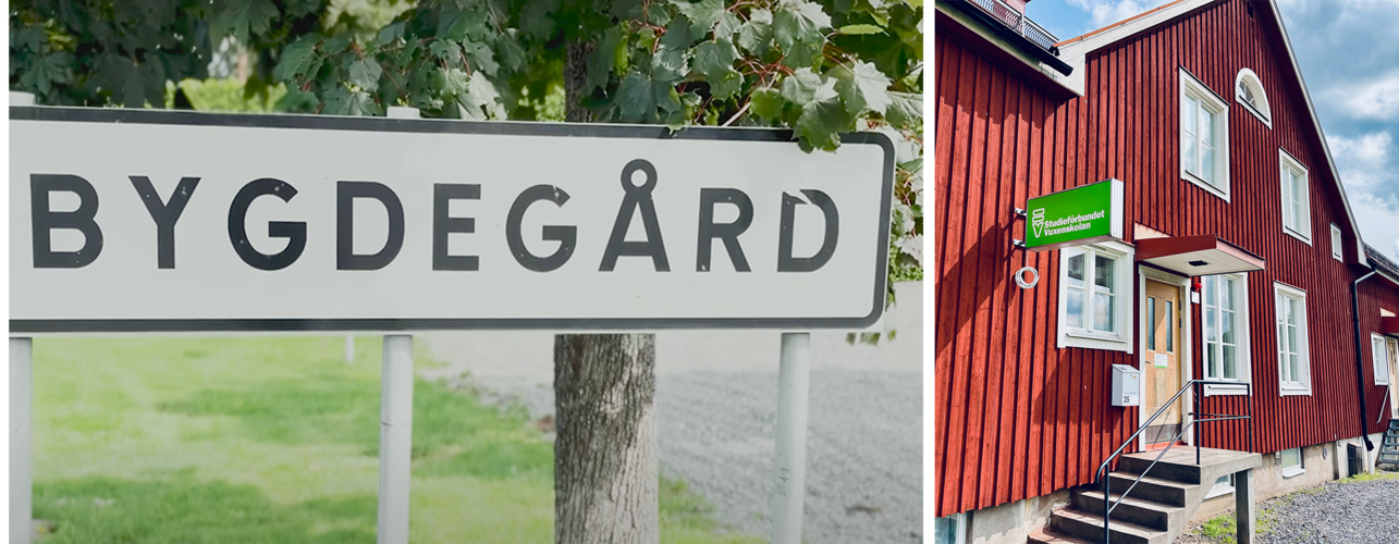 Skylt med texten 'Bygdegård' och en röd träbyggnad med vita fönster och grön skylt.