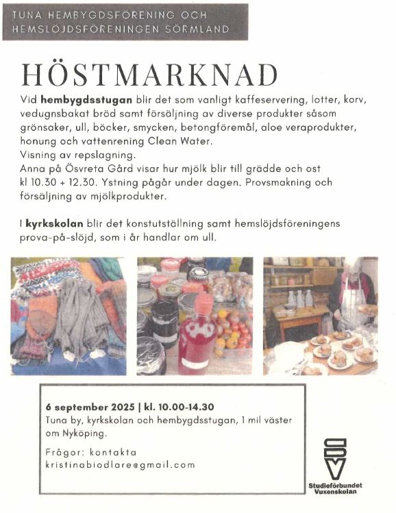Affisch för höstmarknad med information om aktiviteter, försäljning och bilder på hantverk och bakverk.