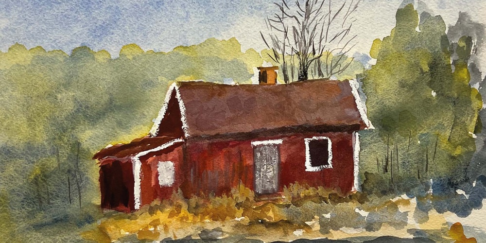 Akvarellmålning av en röd stuga i naturen med blå himmel och gröna träd i bakgrunden.