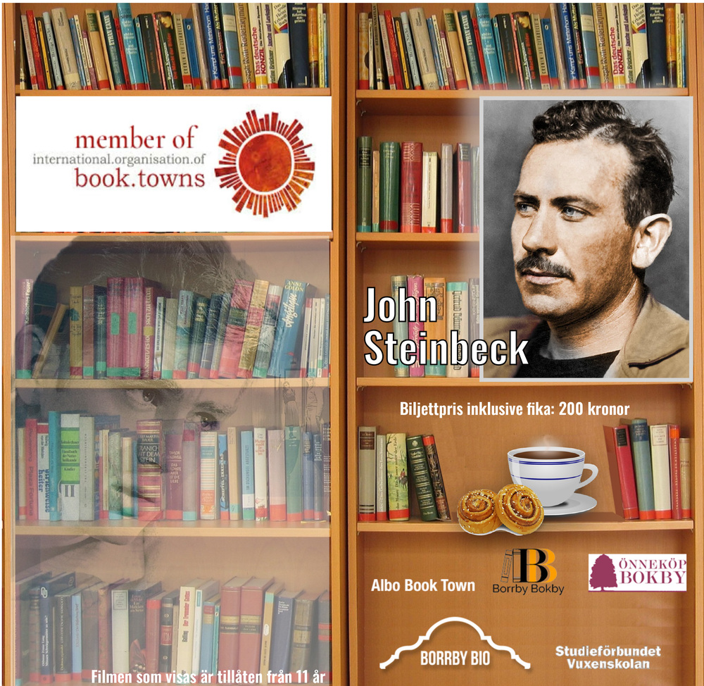Affisch med bokhyllor, porträtt av John Steinbeck, text om bokstad och biljettpris, samt logotyper.