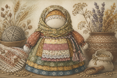 En traditionell tygdocka i färgglada kläder omgiven av garn, torkade växter och en säck med bönor på ett rustikt bord.