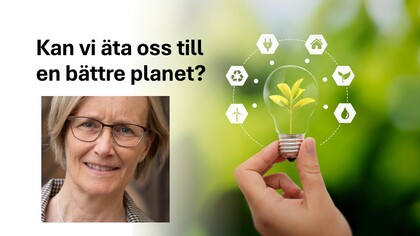 En kvinna med glasögon ler. Text: Kan vi äta oss till en bättre planet? Hand håller glödlampa med växt, ikoner för hållbarhet.