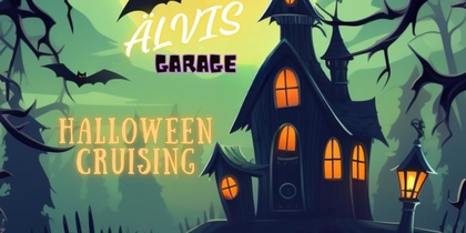 Tecknad bild av ett kusligt hus på en kulle med pumpor, fladdermöss och texten 'Halloween Cruising'.
