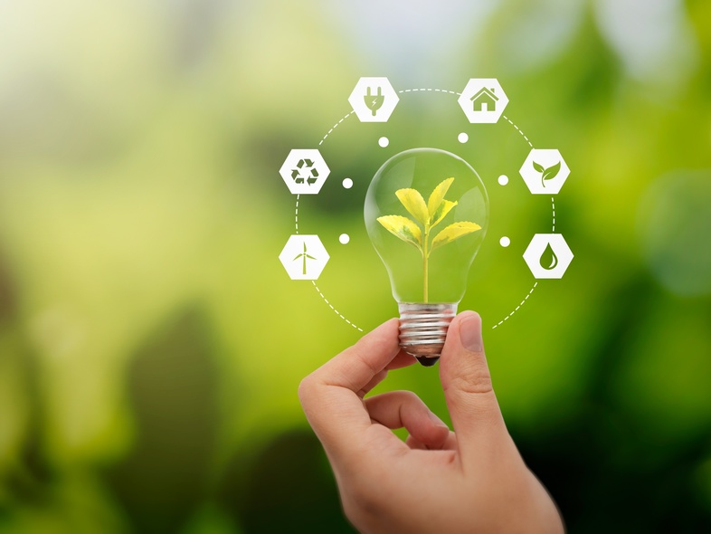 En hand håller en glödlampa med en växt inuti, omgiven av ikoner för hållbarhet och miljö.