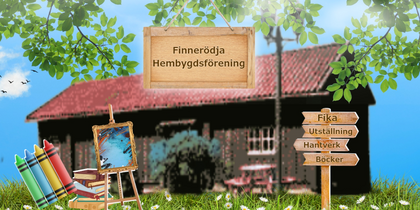 Illustration med skyltar, böcker, kritor och konst framför en röd byggnad och grönskande träd.